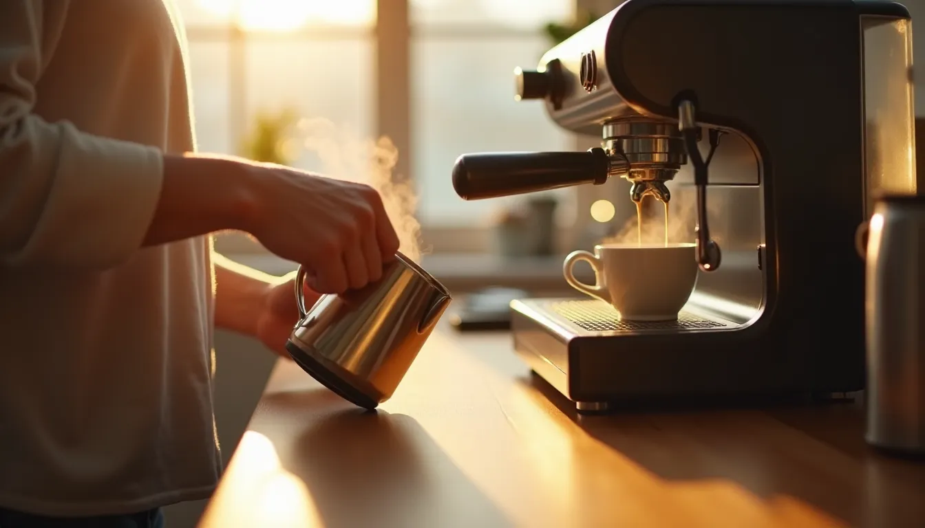 Préparation d'un café crème maison avec une machine à expresso et un pichet en inox dans lequel le lait est chauffé à la vapeur, lumière naturelle matinale dans une cuisine en bois