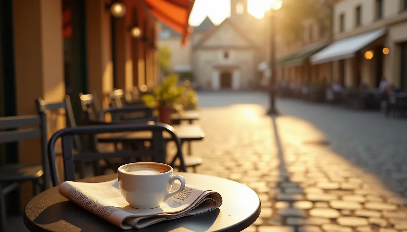 Un café crème posé sur une table ronde en terrasse d'un bistrot d'une ville auvergnate au printemps, avec une place pavée et un journal replié à côté de la tasse sous le soleil matinal