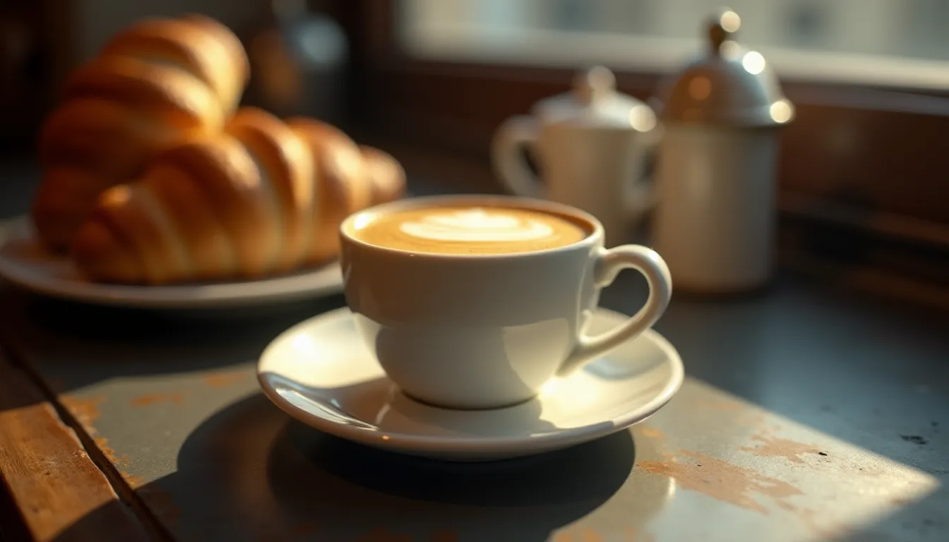 Un café crème servi dans une tasse en céramique blanche épaisse posée sur le comptoir en zinc d'un bistrot français, avec une crema dorée et une fine couche de mousse de lait soyeuse