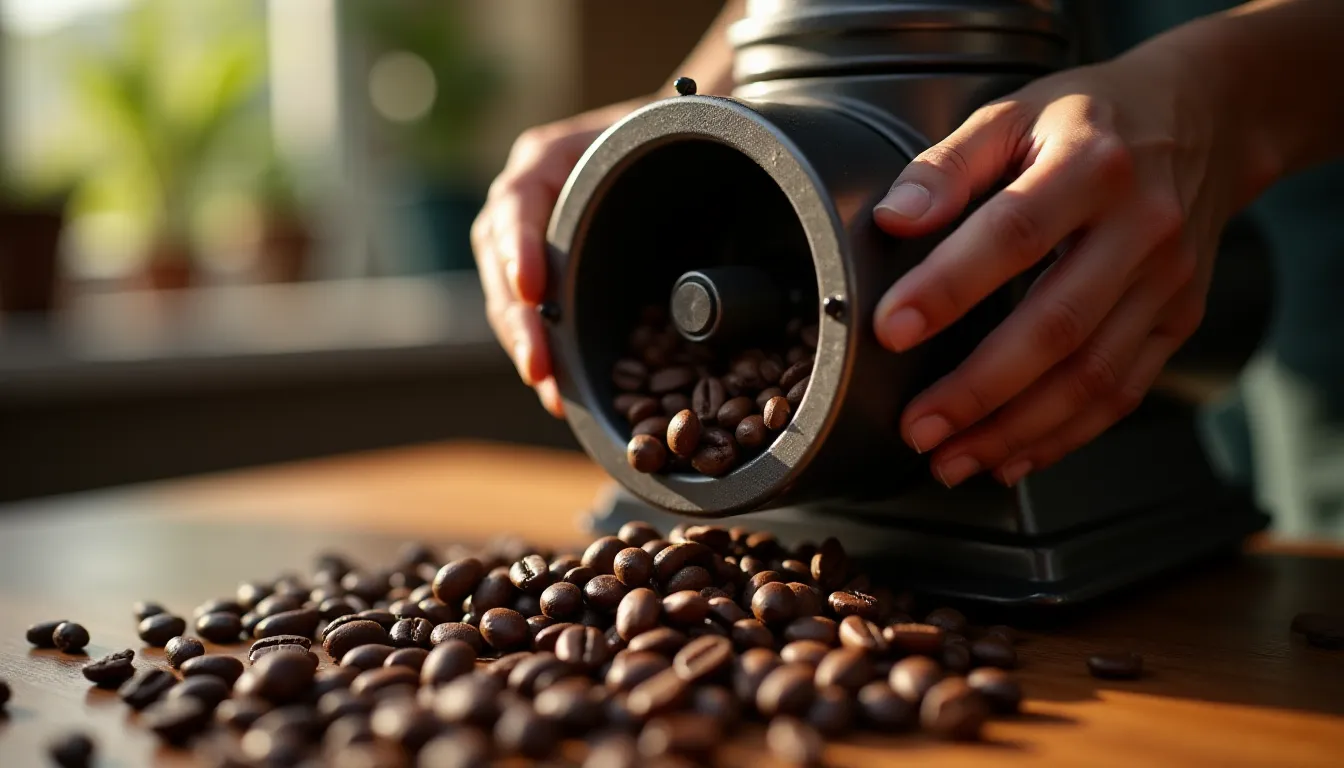 Mouture manuelle de grains de café arabica torréfiés pour préparer un moka, grains épars sur une surface en bois