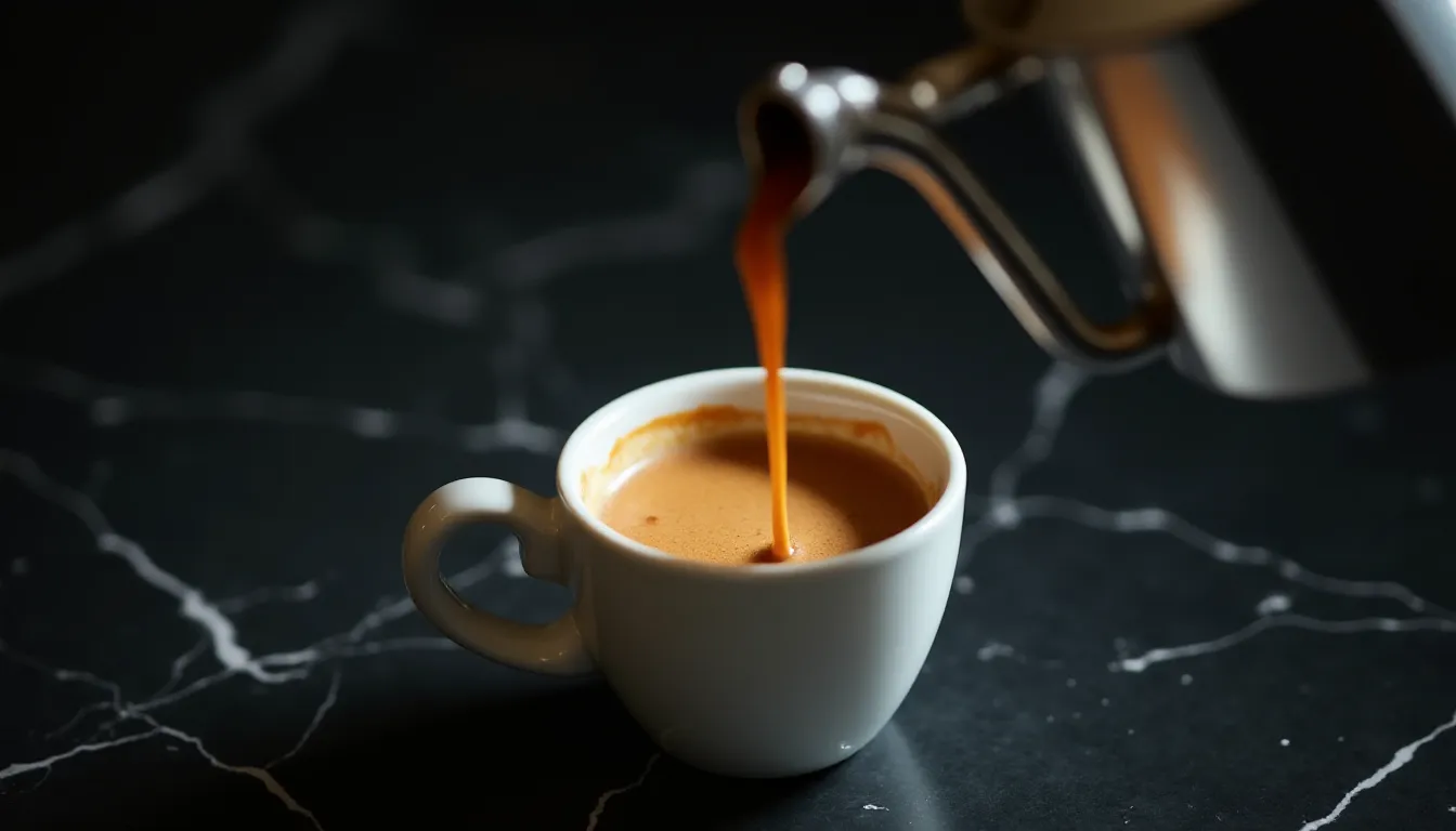 Café moka versé dans une tasse en céramique blanche depuis une cafetière italienne, café brun intense avec légère crema sur fond de marbre sombre