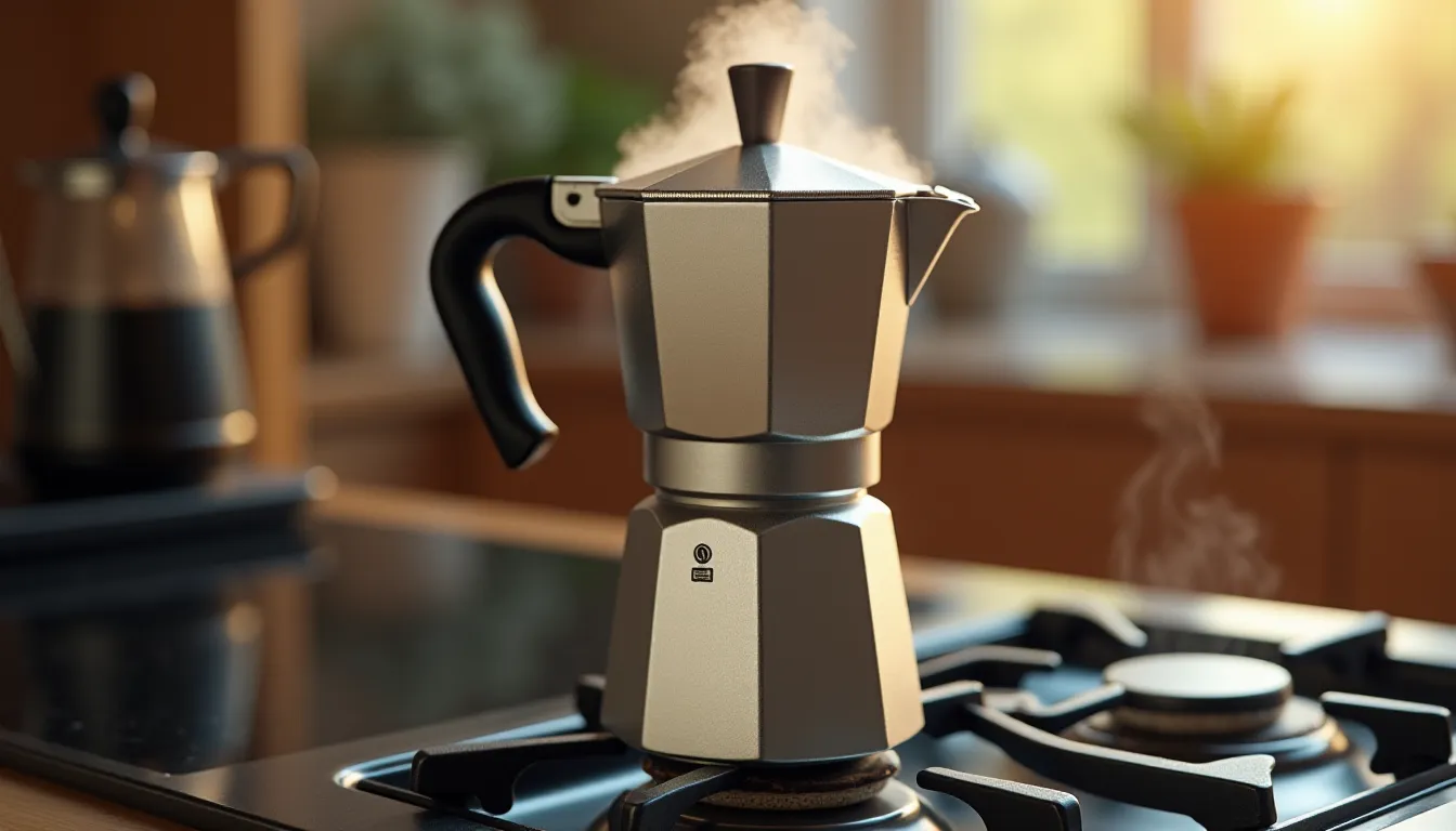 Cafetière moka en aluminium sur un feu de gaz avec de la vapeur s'échappant du bec verseur, préparation d'un café moka dans une cuisine