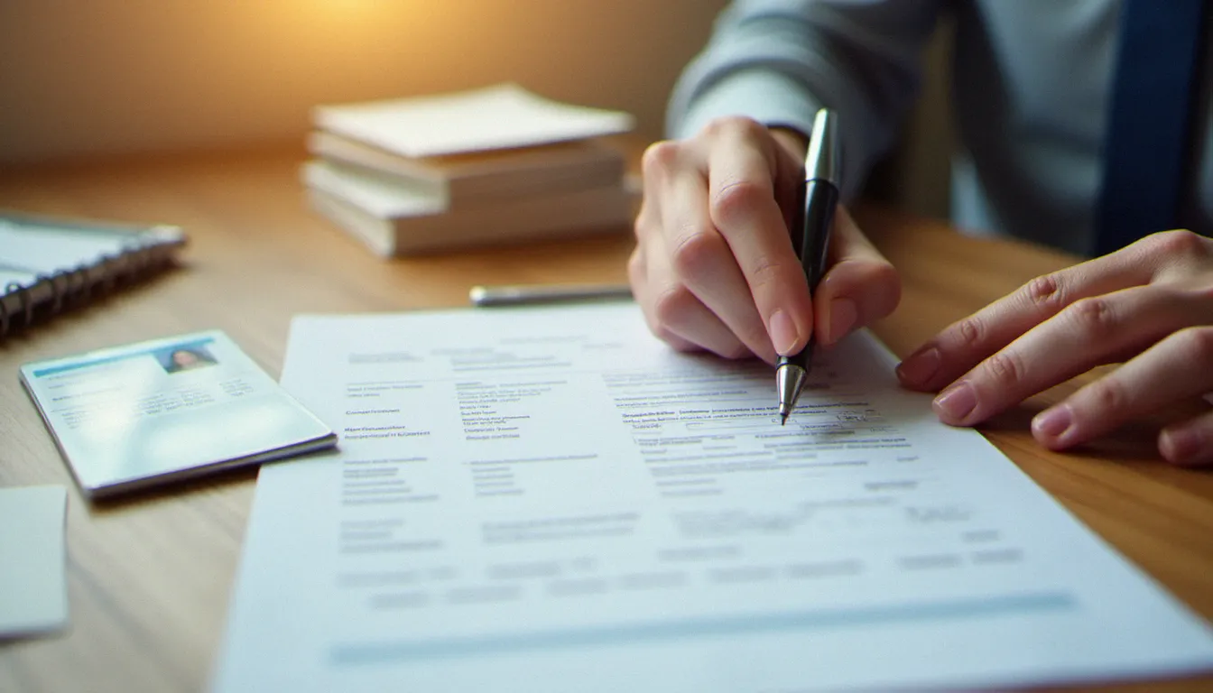 Mains remplissant un formulaire administratif CAF entouré de justificatifs, illustrant les étapes d'une première demande d'aide sociale