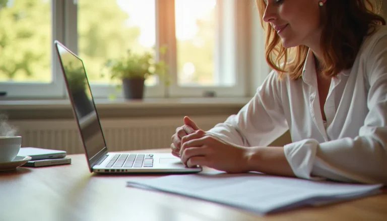 Une femme consultant le site de la CAF depuis son domicile pour comprendre comment ça marche, avec ses documents administratifs posés sur la table et un café à portée de main