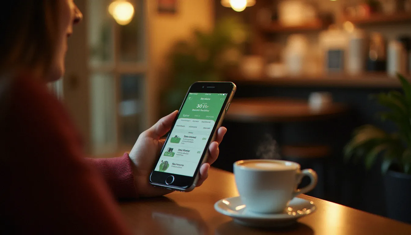 Une personne consultant l'application mobile Caf Mon Compte sur son téléphone pour suivre l'avancement de son dossier d'inscription CAF, dans un café chaleureux