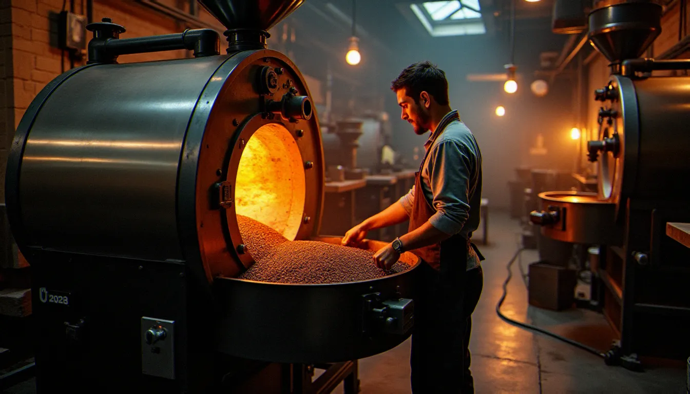 Torréfacteur industriel surveillant la chauffe de grains de café bio dans une grande usine de torréfaction