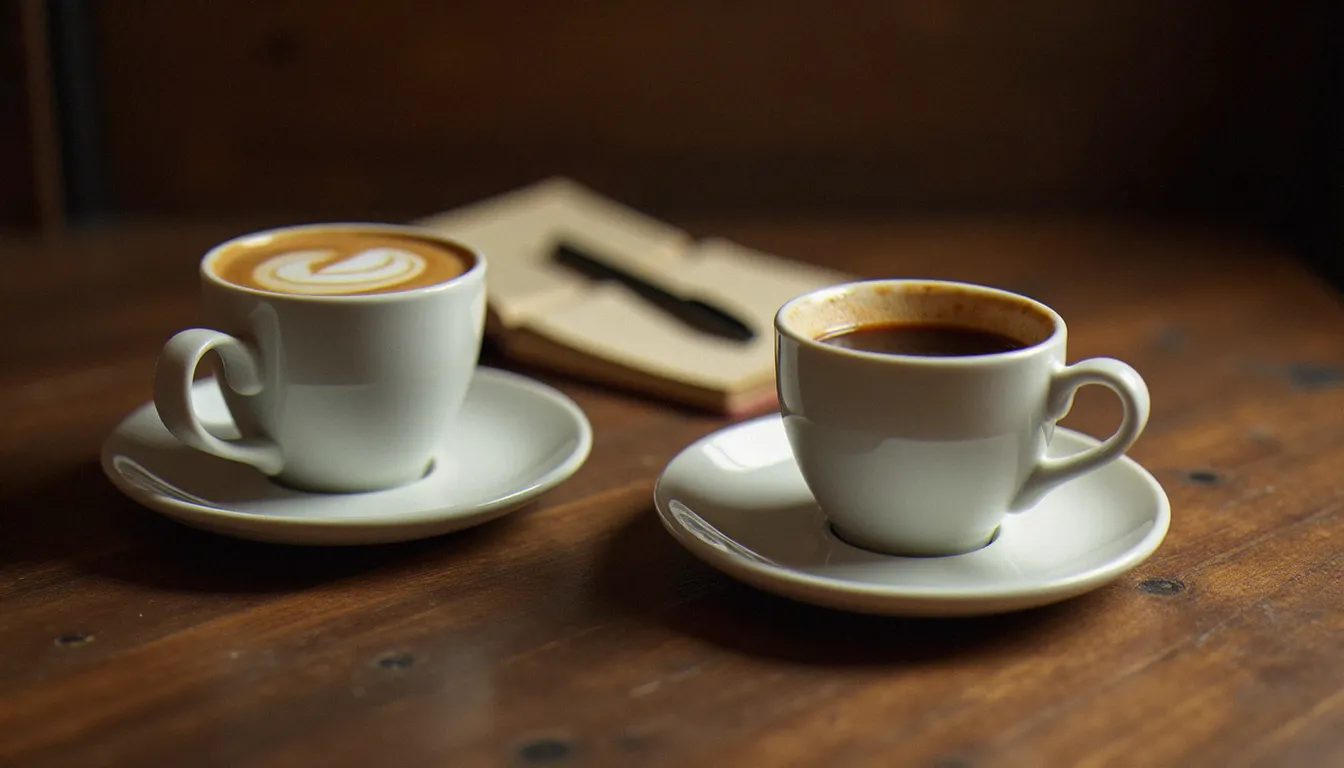 Deux tasses d'expresso côte à côte sur une table en bois lors d'une dégustation comparative de cafés bio
