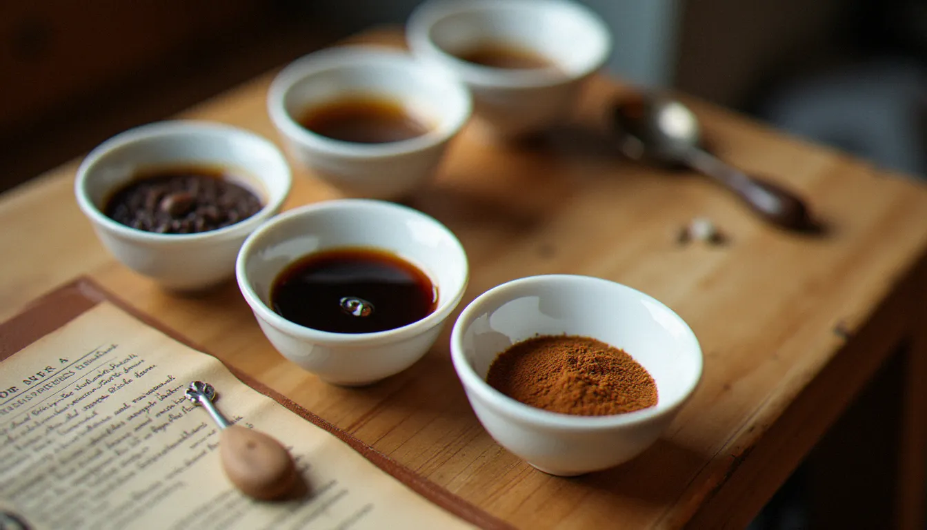 Dégustation professionnelle de cafés d'origines variées dans des bols de cupping blancs sur une table en chêne, notes de dégustation manuscrites visibles