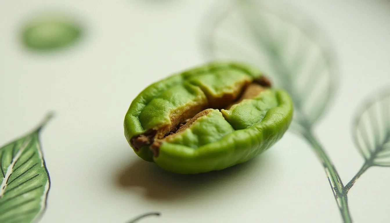 Gros plan sur un grain de café vert coupé en deux révélant sa structure intérieure, illustration botanique du mécanisme naturel d'absence de caféine