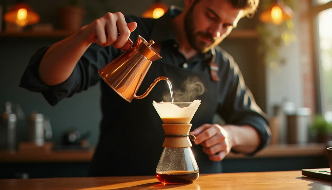 Barista versant délicatement de l'eau chaude sur un filtre Chemex pour préparer un café naturellement sans caféine dans un café artisanal chaleureux