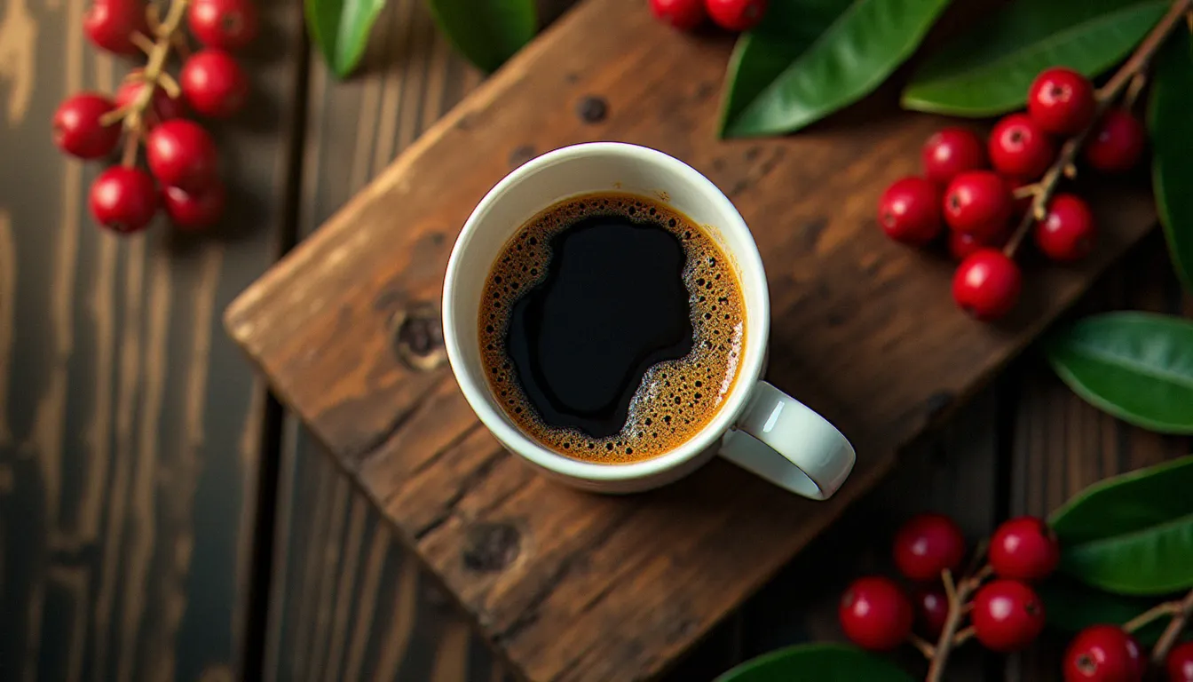 Tasse de café naturellement sans caféine posée sur une table en chêne, entourée de branches de caféier aux cerises rouges mûres, lumière matinale douce