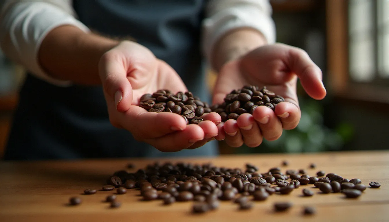 Comparaison de grains de café torréfiés clairs et foncés dans les mains d'un barista lors d'une session de dégustation professionnelle