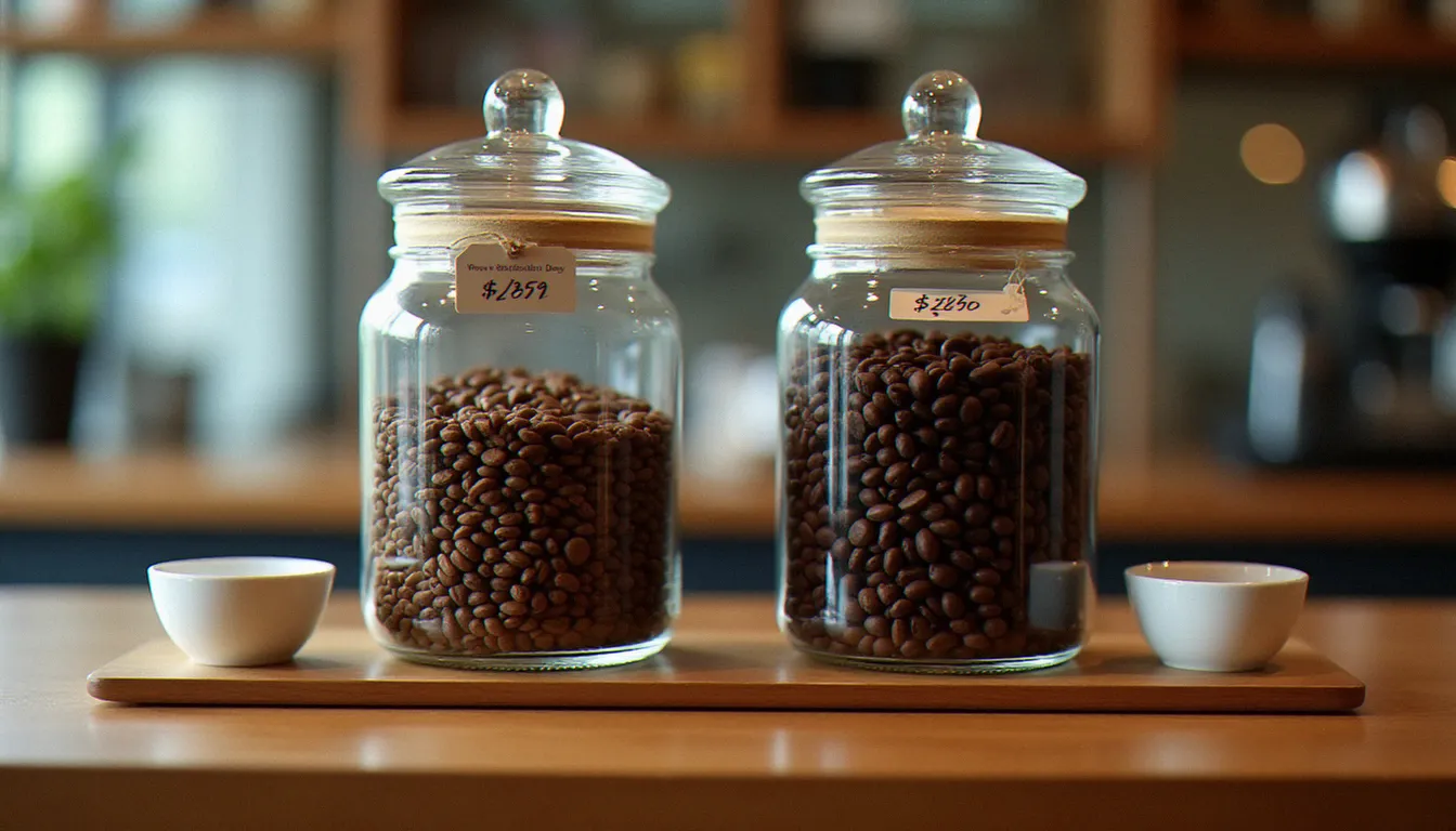 Comparaison de deux bocaux de grains de café côte à côte, café industriel et café de spécialité artisanal, sur un comptoir de dégustation