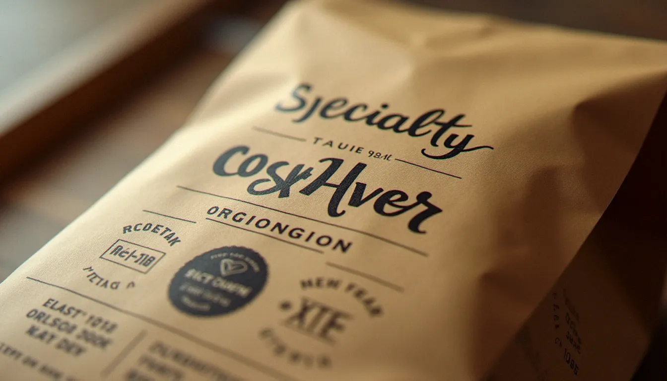 Étiquette détaillée d'un sachet de café de spécialité indiquant l'origine, la date de torréfaction et le score SCA sur emballage kraft artisanal