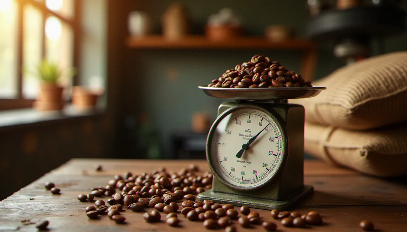Balance de cuisine avec un kilo de grains de café arabica fraîchement torréfiés dans un atelier de torréfaction artisanal à Riom
