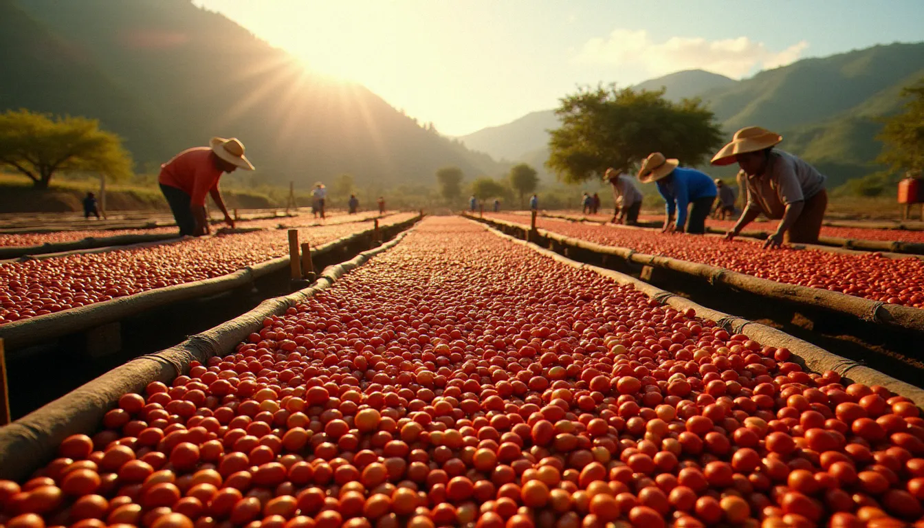 Station de séchage d'une coopérative éthiopienne avec tables africaines couvertes de cerises de café, étape clé du traitement du café équitable à prix garanti