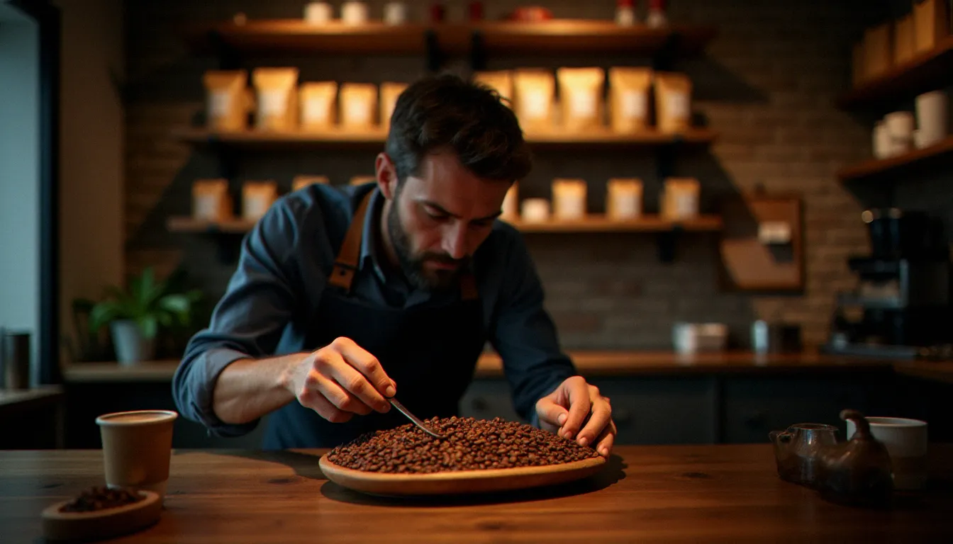 Un torréfacteur artisanal inspecte des grains de café torréfiés dans sa boutique, sélection de cafés coopératifs à prix garanti