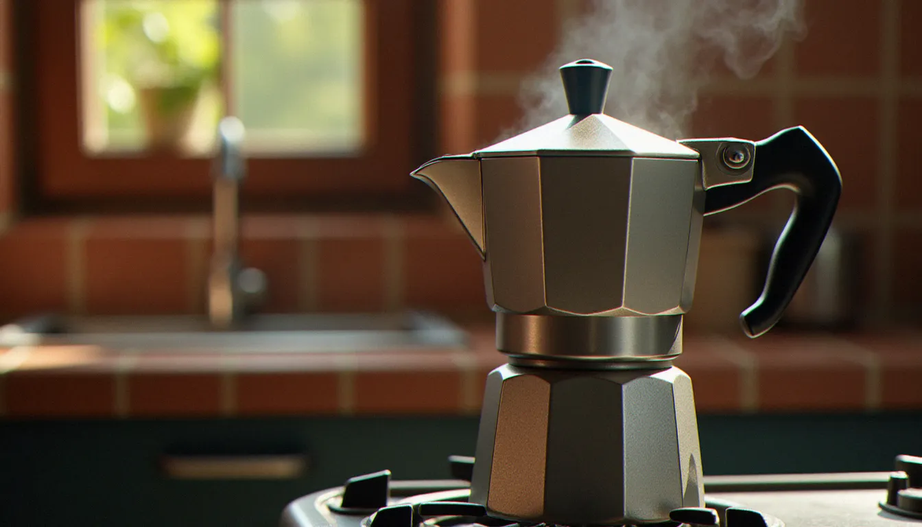 Cafetière moka en aluminium sur une gazinière avec le caffe forte qui monte dans la chambre supérieure, lumière naturelle chaude dans une cuisine rustique