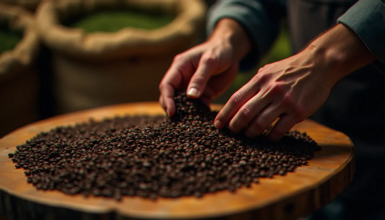 Mains d'un torréfacteur artisan examinant attentivement des grains de café torréfiés foncés étalés sur un plateau en bois, sacs de café vert en arrière-plan dans un atelier de torréfaction