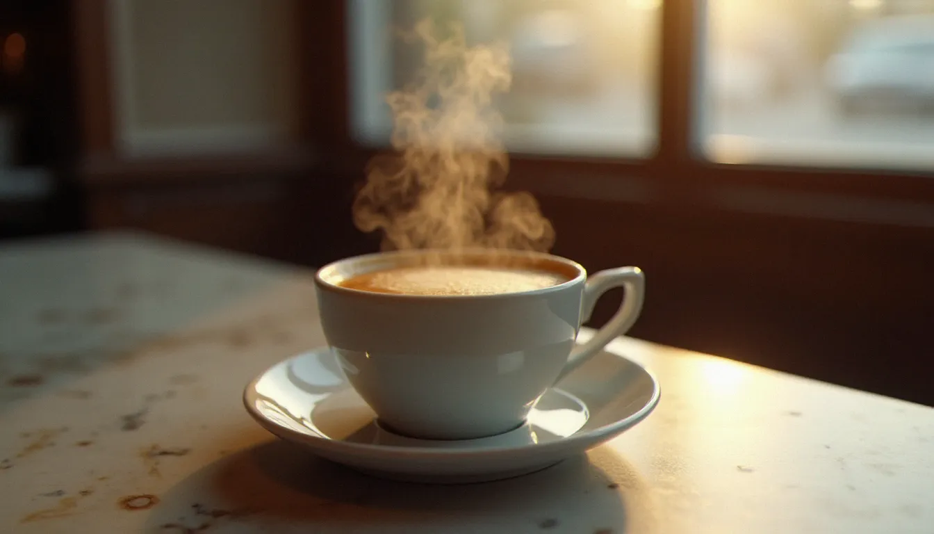 Tasse de caffe forte avec une crema épaisse dorée sur un comptoir en marbre de bar à l'italienne, lumière matinale tamisée