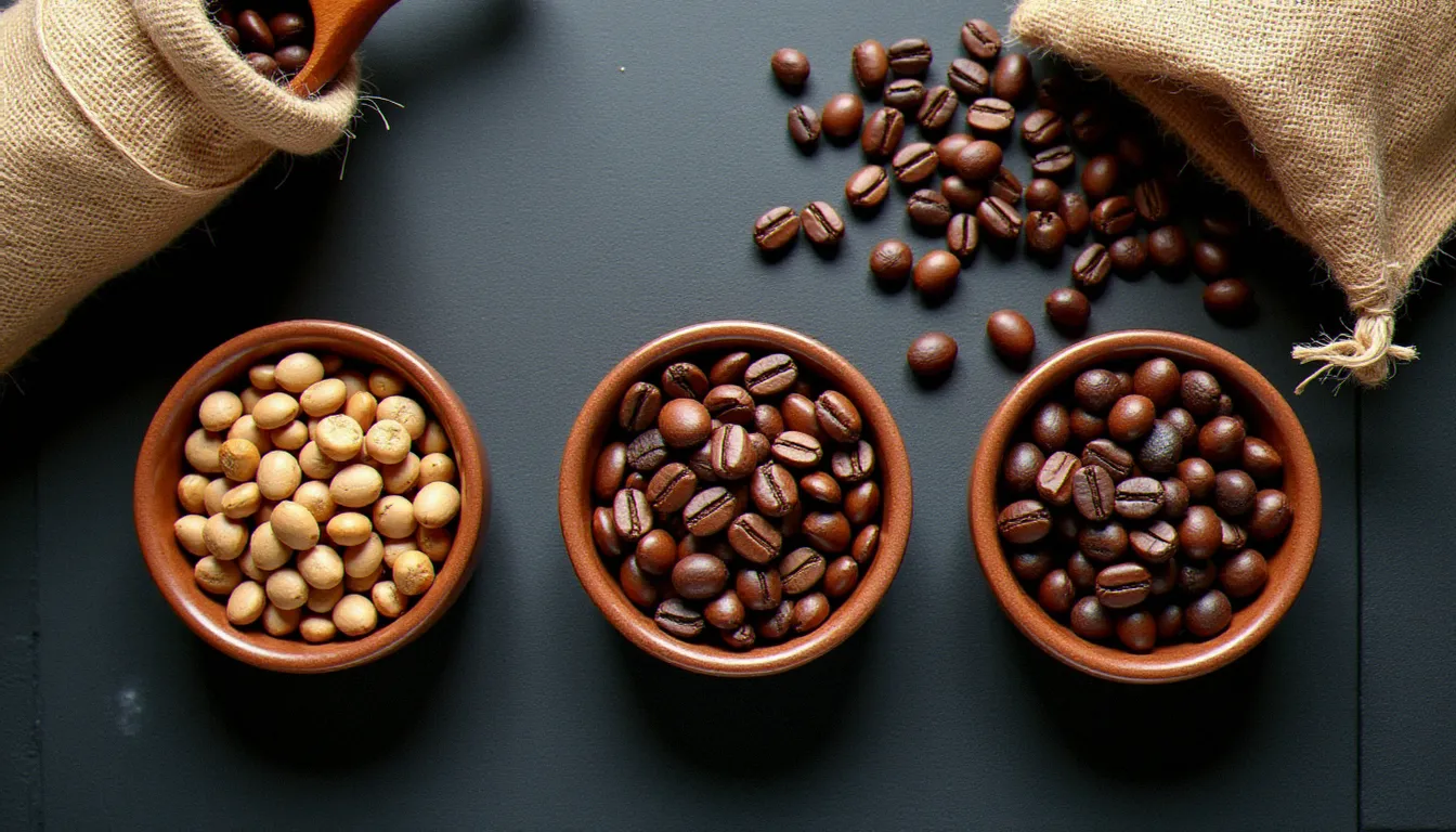 Vue de dessus de différentes variétés de grains de café pour cocktail disposées dans des bols en céramique sur une ardoise sombre avec une cuillère en bois