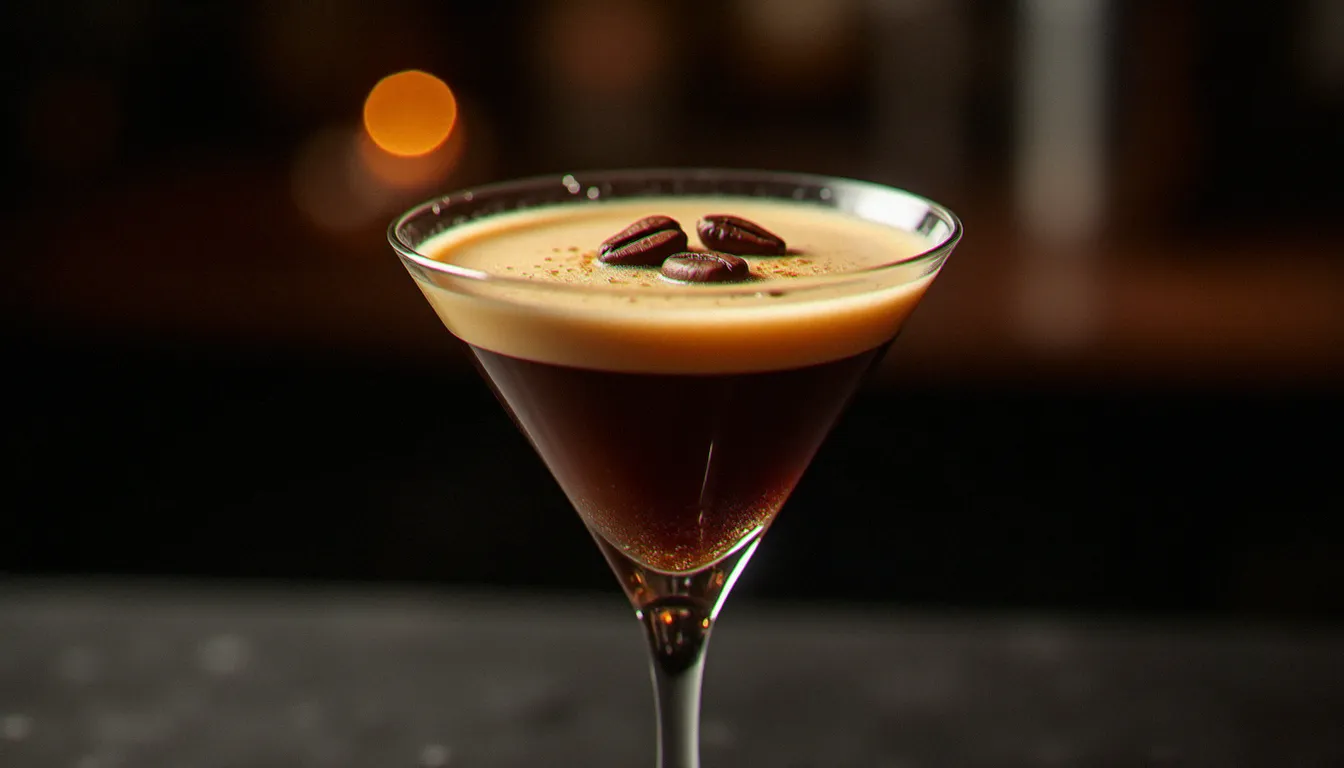 Un Espresso Martini parfait servi dans un verre à cocktail givré avec trois grains de café posés sur sa mousse crémeuse caractéristique