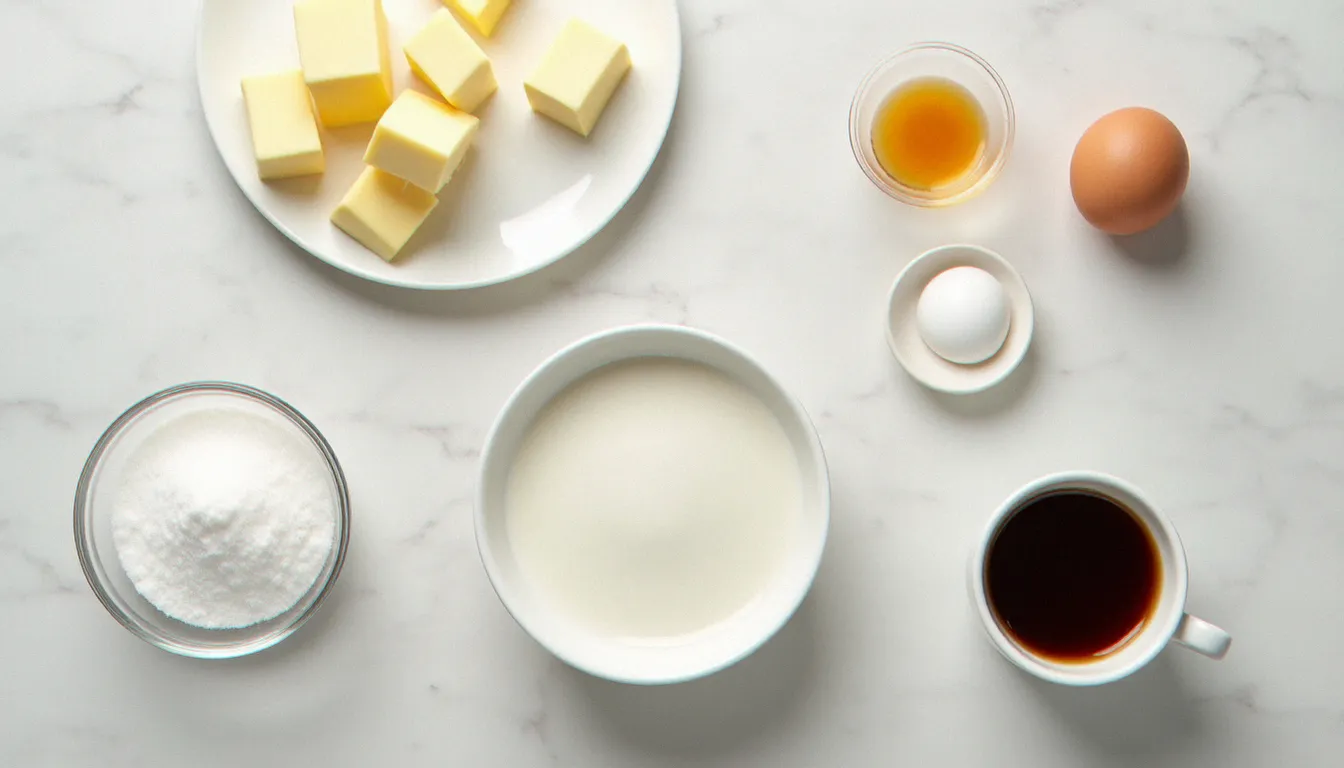 Ingrédients pour préparer une crème au beurre café disposés sur un plan de travail en marbre — beurre mou, sucre, blancs d'œufs et espresso
