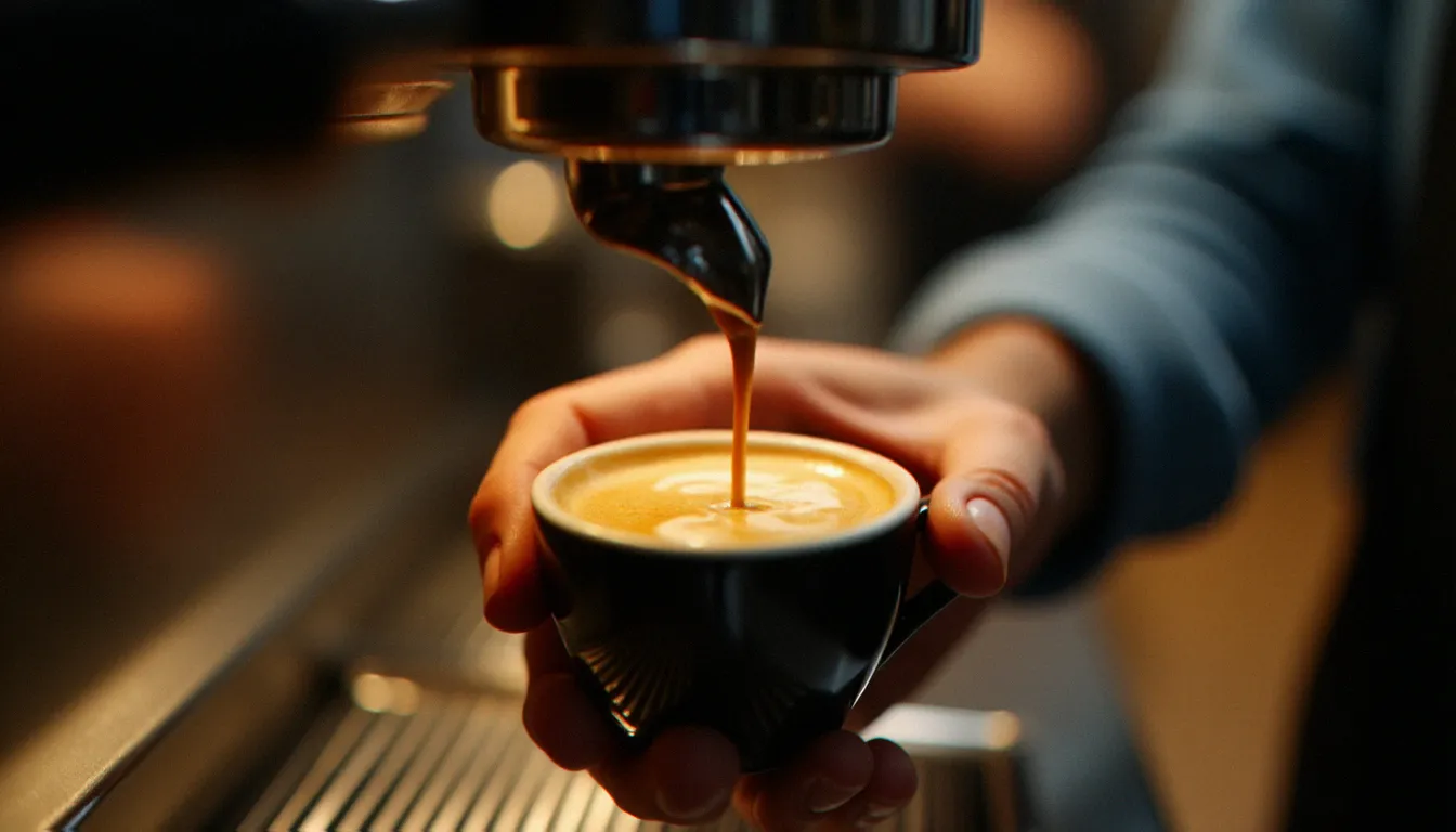 Extraction d'un espresso de qualité dans une tasse en céramique, avec une crema dorée épaisse, dans un environnement de cuisine pâtissière