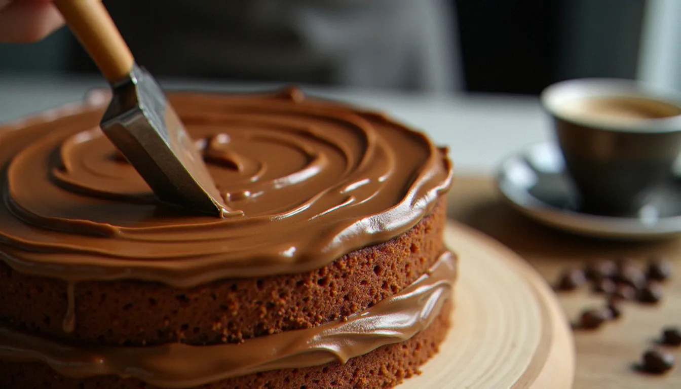 Crème au beurre café étalée sur un gâteau layer cake, avec des grains de café et une tasse d'espresso visibles en arrière-plan sur un plan de travail en bois
