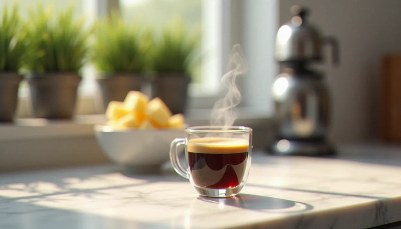 Double expresso refroidi posé à côté de cubes de beurre mou et d'un batteur vintage, ingrédients clés pour une crème beurre au café réussie