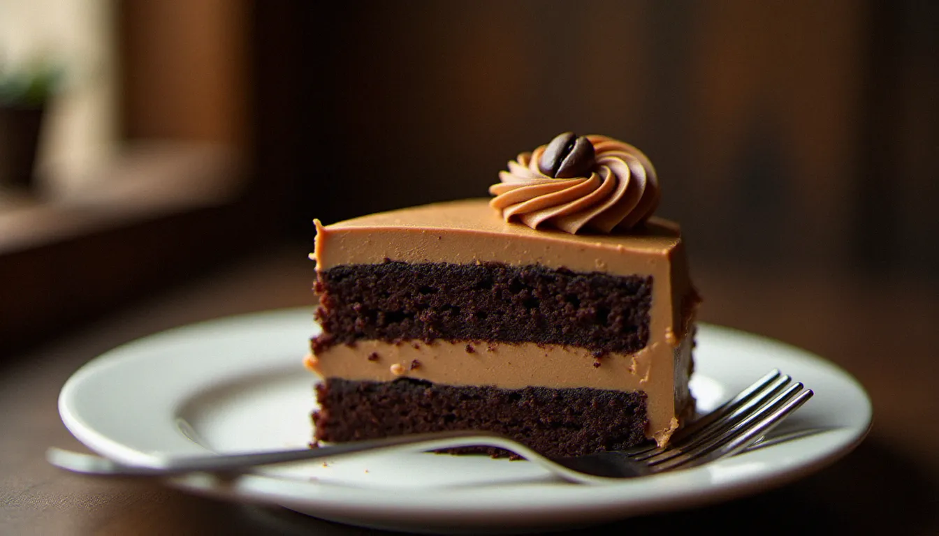 Tranche de gâteau au chocolat garni et recouvert de crème beurre au café, décoré d'une rosace pochée et d'un grain de café, servi sur assiette blanche