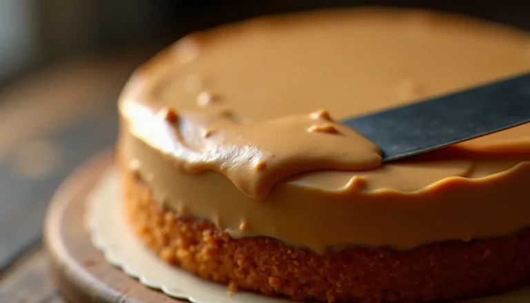 Crème beurre au café lisse et brillante étalée à la spatule sur un gâteau, sur un plan de travail en bois rustique