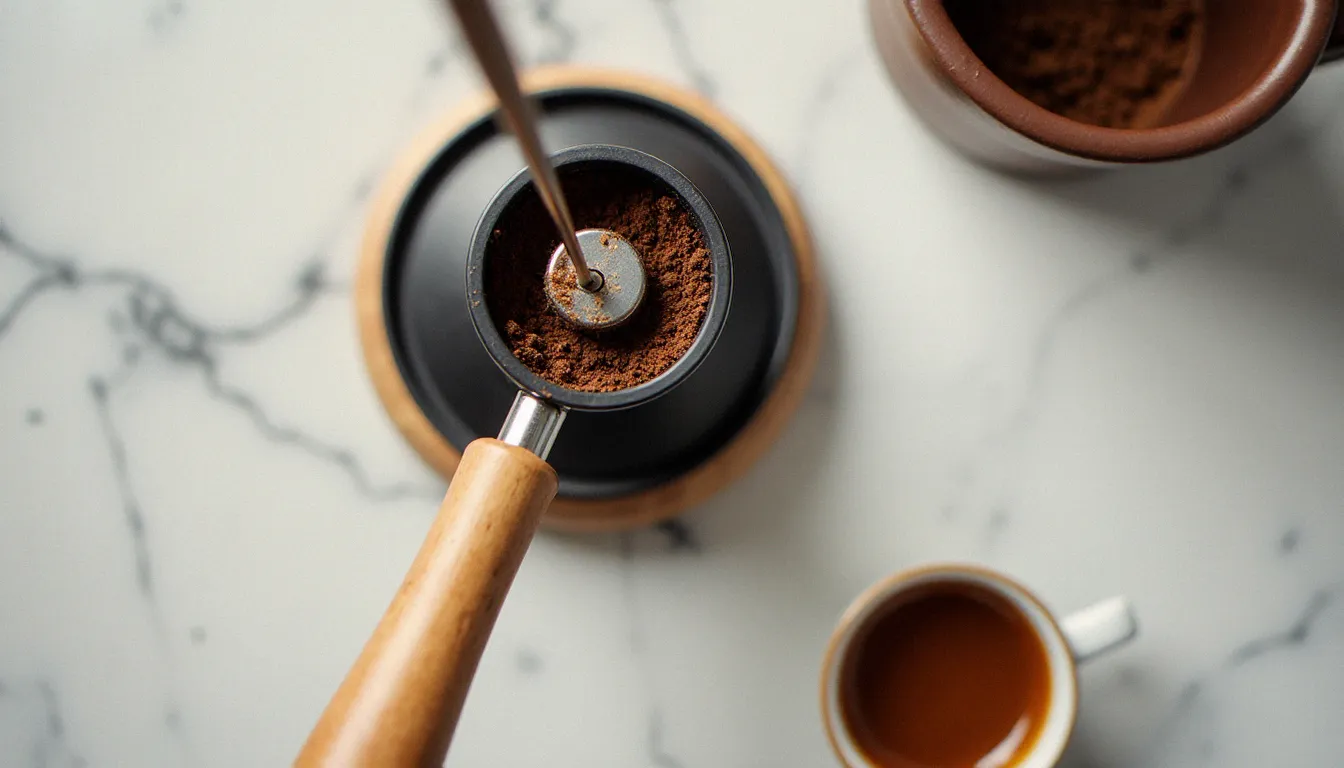 Porte-filtre avec mouture fine de café prêt à être tasséde façon précise pour obtenir une crème café parfaite
