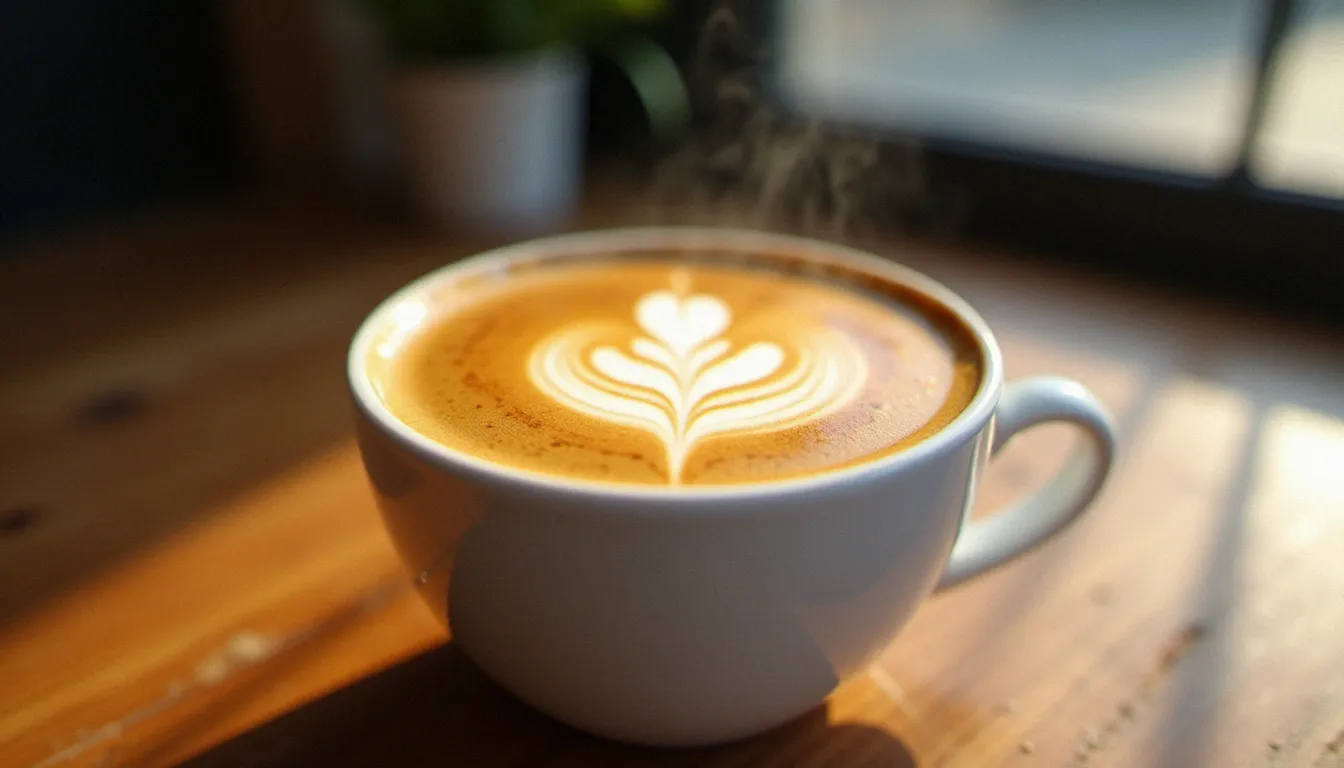 Tasse d'expresso avec une crème café dorée et tigrée posée sur un comptoir en bois d'une torréfaction artisanale à Riom