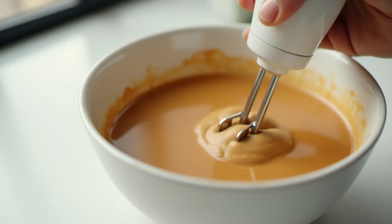 Gros plan sur des mains tenant un batteur électrique qui fouette la préparation de crème café maison dans un bol en céramique, montrant la transformation progressive en mousse dorée et ferme