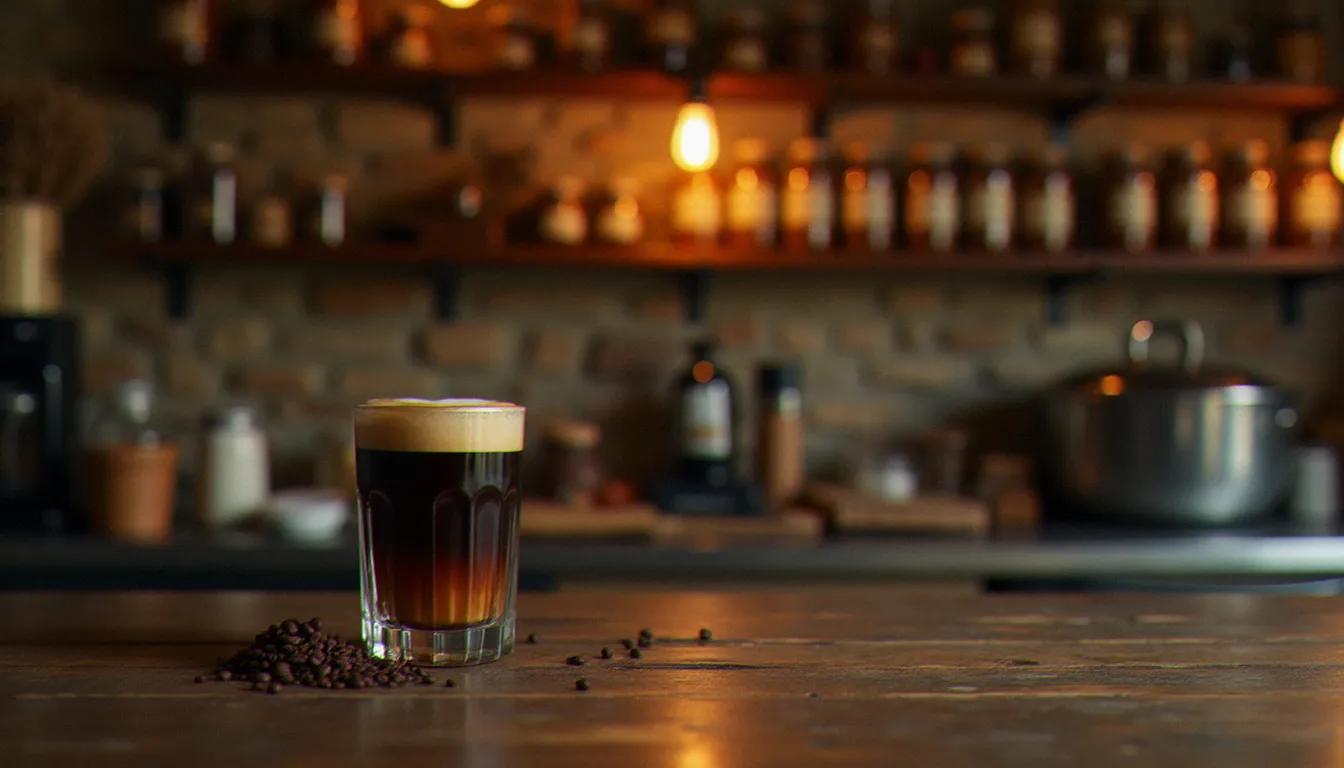 Atelier de torréfaction artisanal en Auvergne avec des bocaux de cafés de spécialité alignés sur des étagères en bois, ambiance chaleureuse à la lumière ambrée et verre de crème café maison au premier plan