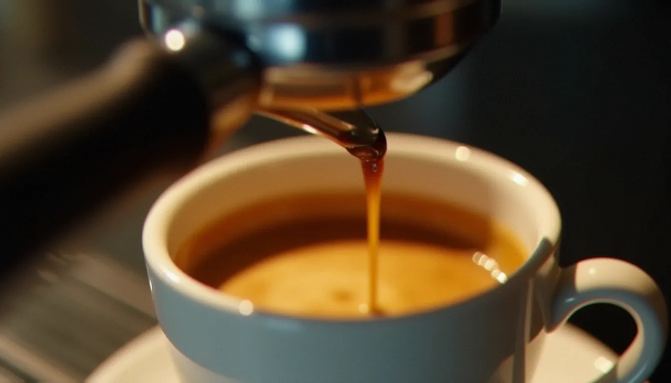 Extraction d'un espresso en gros plan, formation de la crème de café visible au moment précis où le café coule dans la tasse blanche
