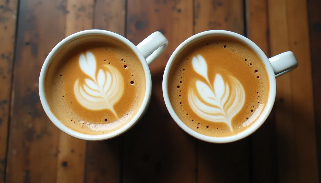 Vue de dessus de deux tasses d'espresso côte à côte, comparaison entre une crème de café parfaite et persistante et une crema fine qui disparaît rapidement