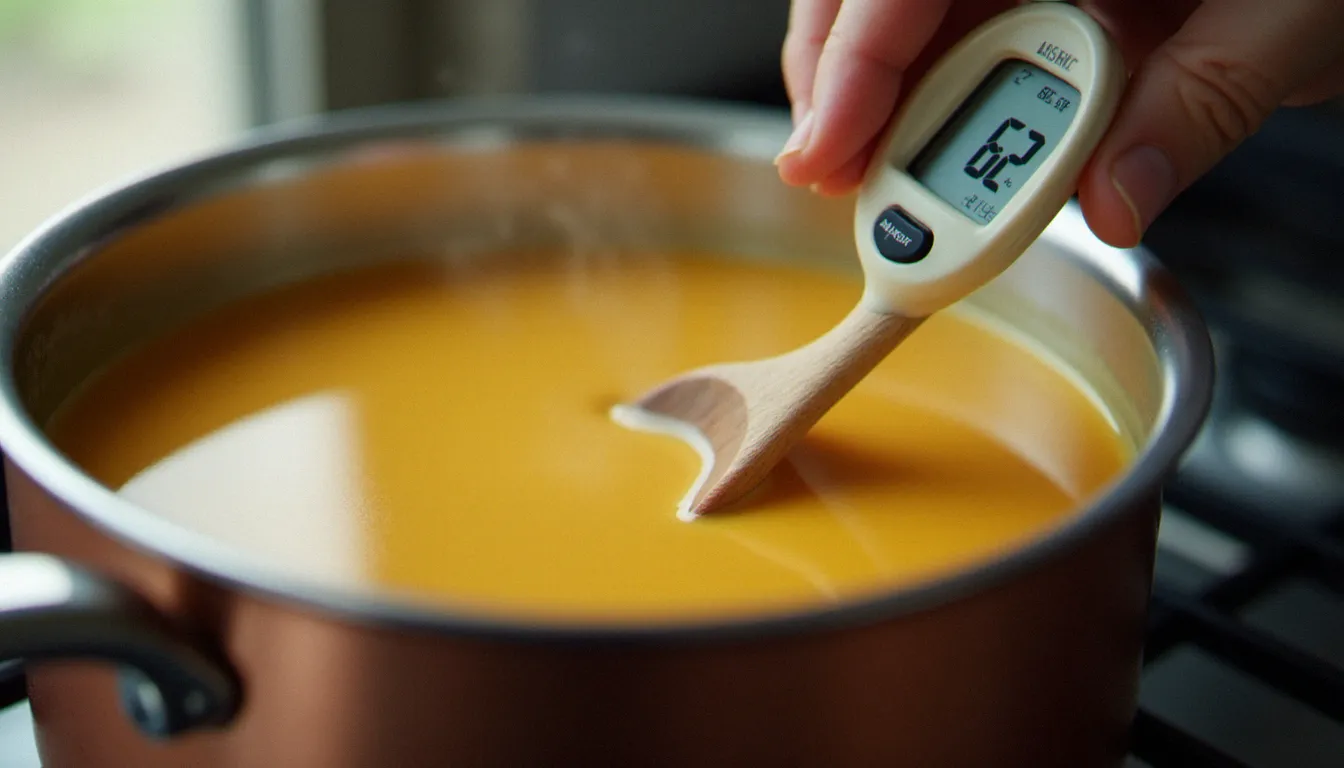 Cuisson précise de la crème anglaise au café avec un thermomètre numérique pour la recette crémeux café maison