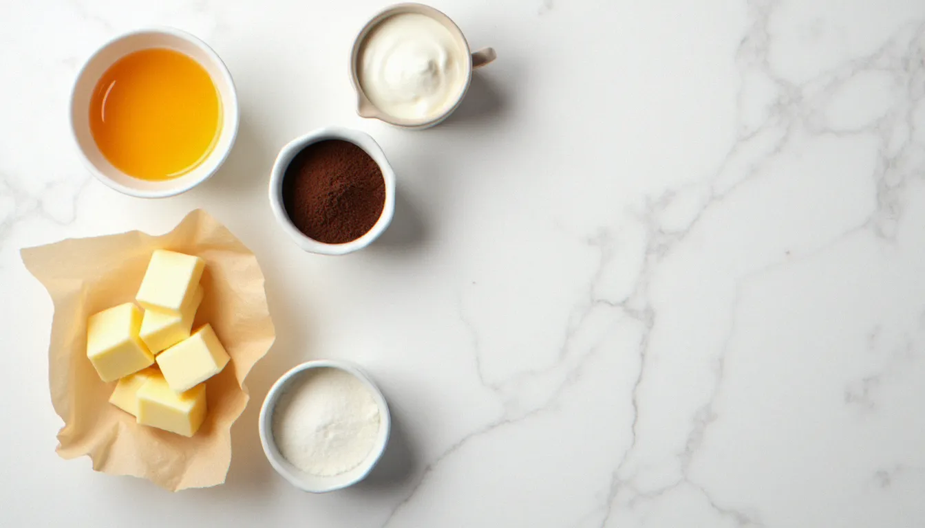 Ingrédients frais pour la recette crémeux café disposés sur un plan de travail en marbre blanc, jaunes d'œufs, café moulu et crème entière
