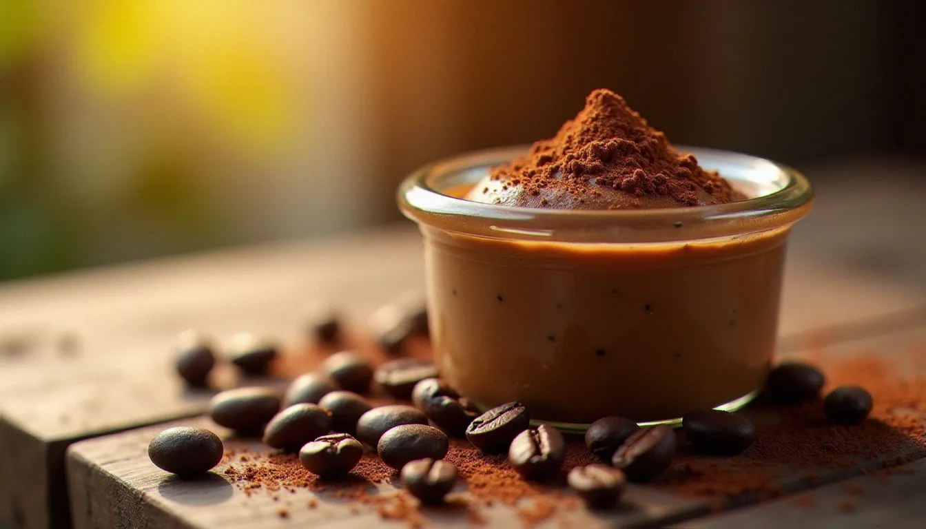 Crémeux café maison lisse et brillant servi en verrine sur une table en bois avec des grains de café torréfiés