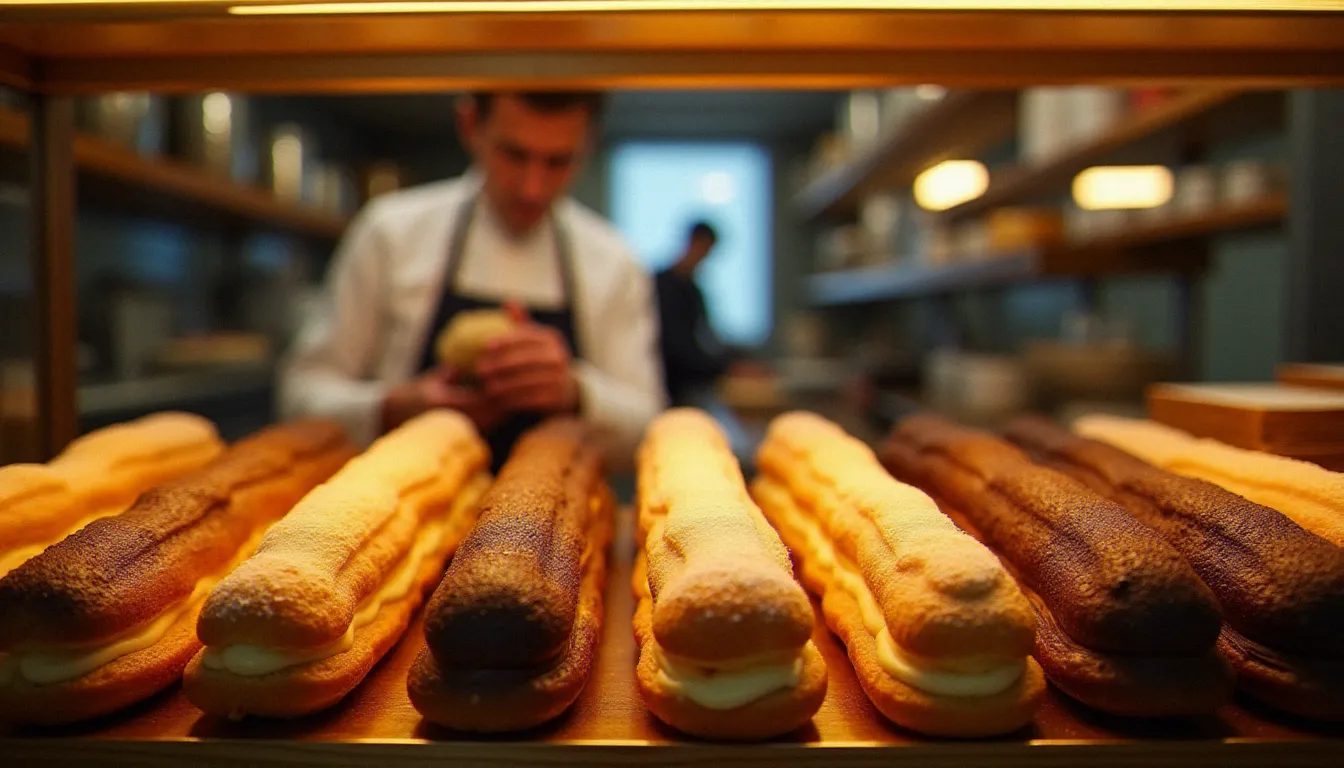 Vitrine de pâtisserie artisanale française avec rangées d'éclairs café et au chocolat sous éclairage doré du matin