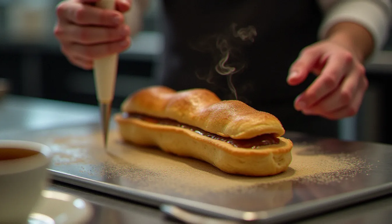 Mains de pâtissier garnissant un éclair café de crème pâtissière au café en cuisine professionnelle, poche à douille et expresso visibles
