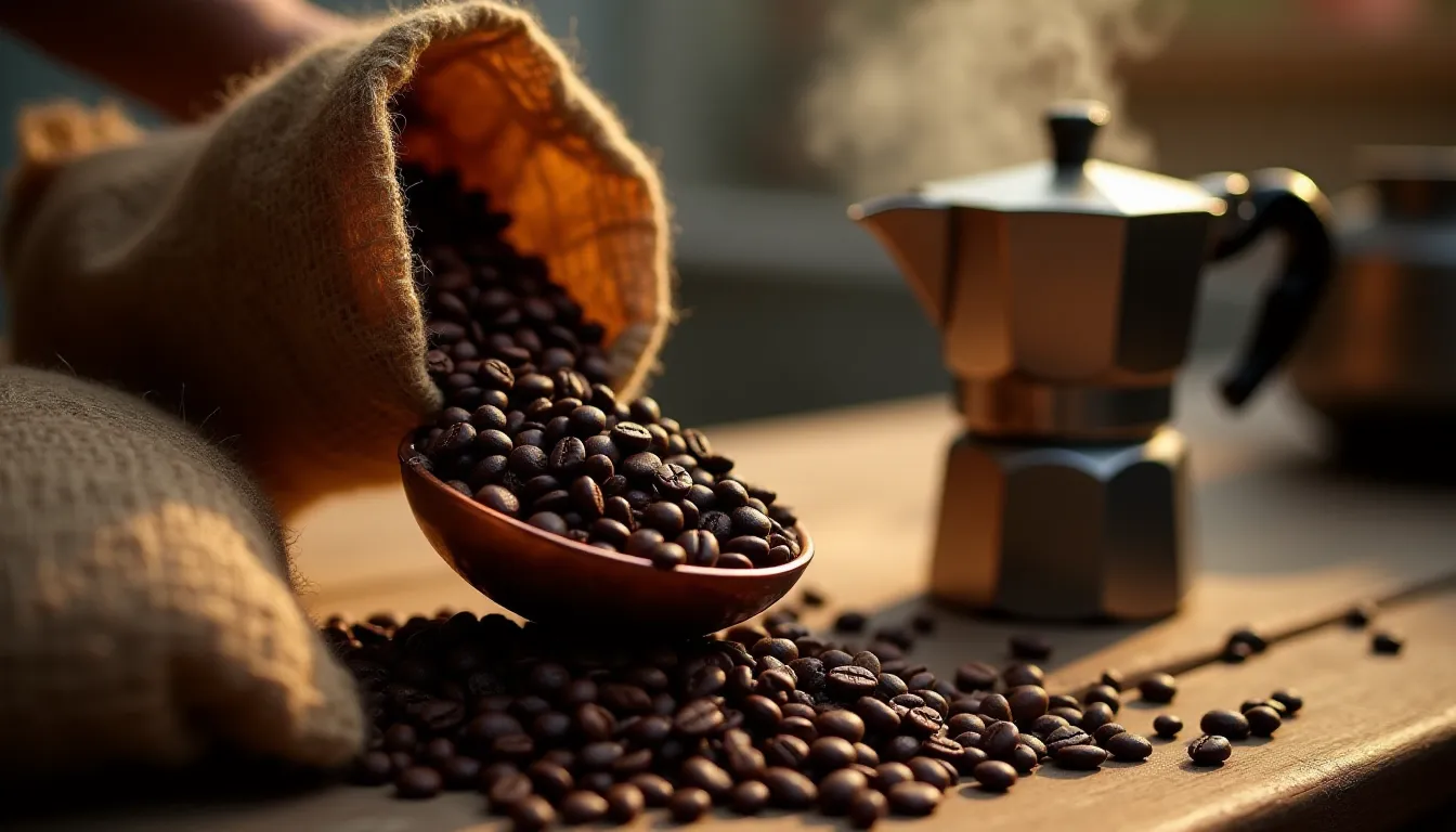 Grains de café torréfié foncé versés dans une mesure en cuivre sur un comptoir en bois dans une torréfaction artisanale auvergnate, avec une cafetière moka italienne visible en arrière-plan