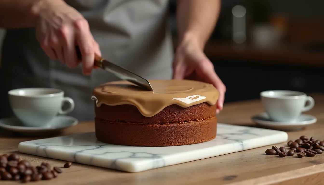 Mains expertes d'un pâtissier lissant la crème au beurre café brillante sur un gâteau moka à l'aide d'une spatule coudée, sur un plan de travail en marbre avec une tasse d'espresso et des grains de café en arrière-plan