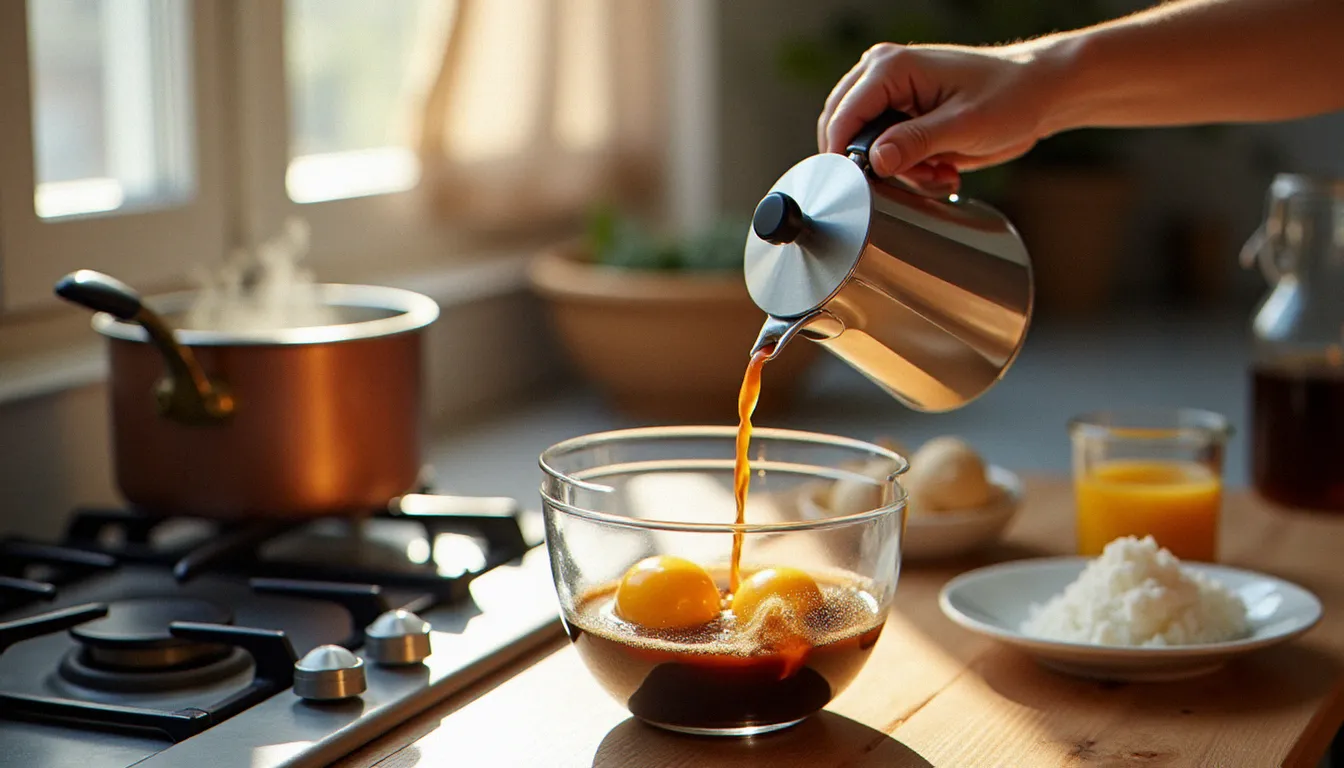 Préparation artisanale d'une glace café maison avec incorporation du café espresso dans la base de crème et jaunes d'œufs dans une cuisine lumineuse