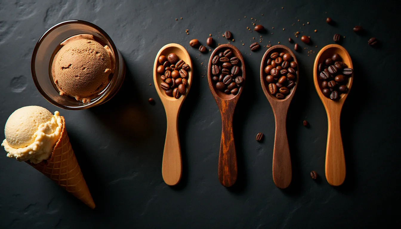 Présentation comparative de quatre variétés de grains de café à différentes torréfactions pour choisir la meilleure base de glace café, avec une coupe glacée en accompagnement