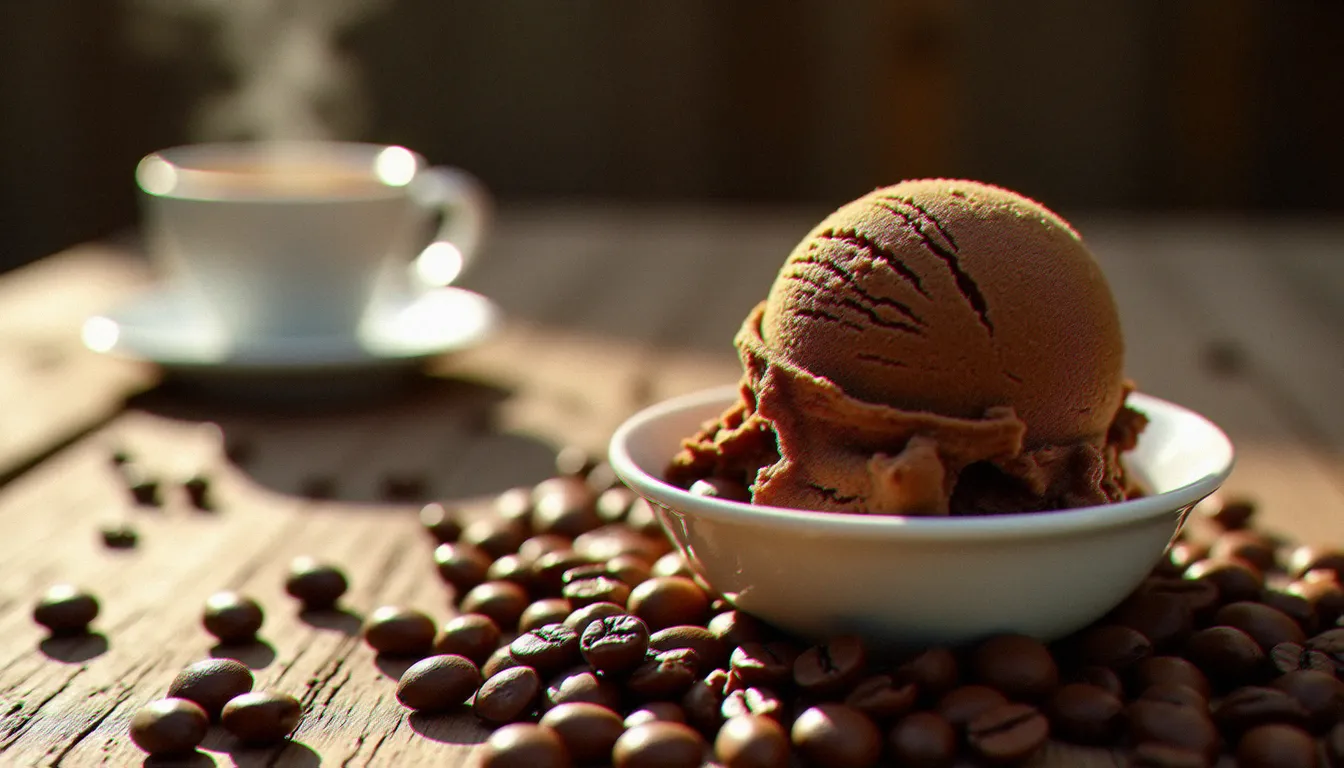 Une boule de glace café dans un bol blanc entourée de grains de café torréfiés sur une table en bois rustique, avec une tasse d'espresso en arrière-plan