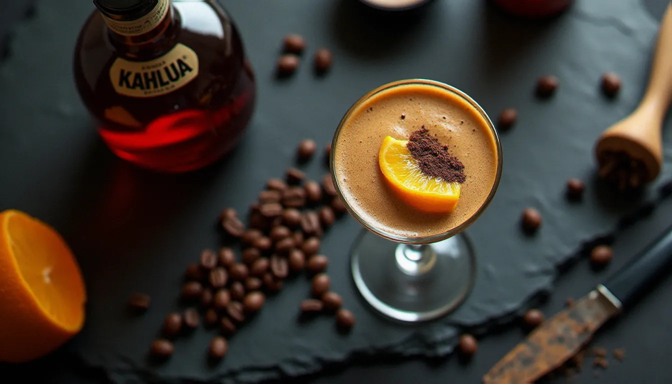 Vue de dessus d'un espresso martini avec sa mousse crème et des grains de café éparpillés, à côté d'une bouteille de khalua sur ardoise noire