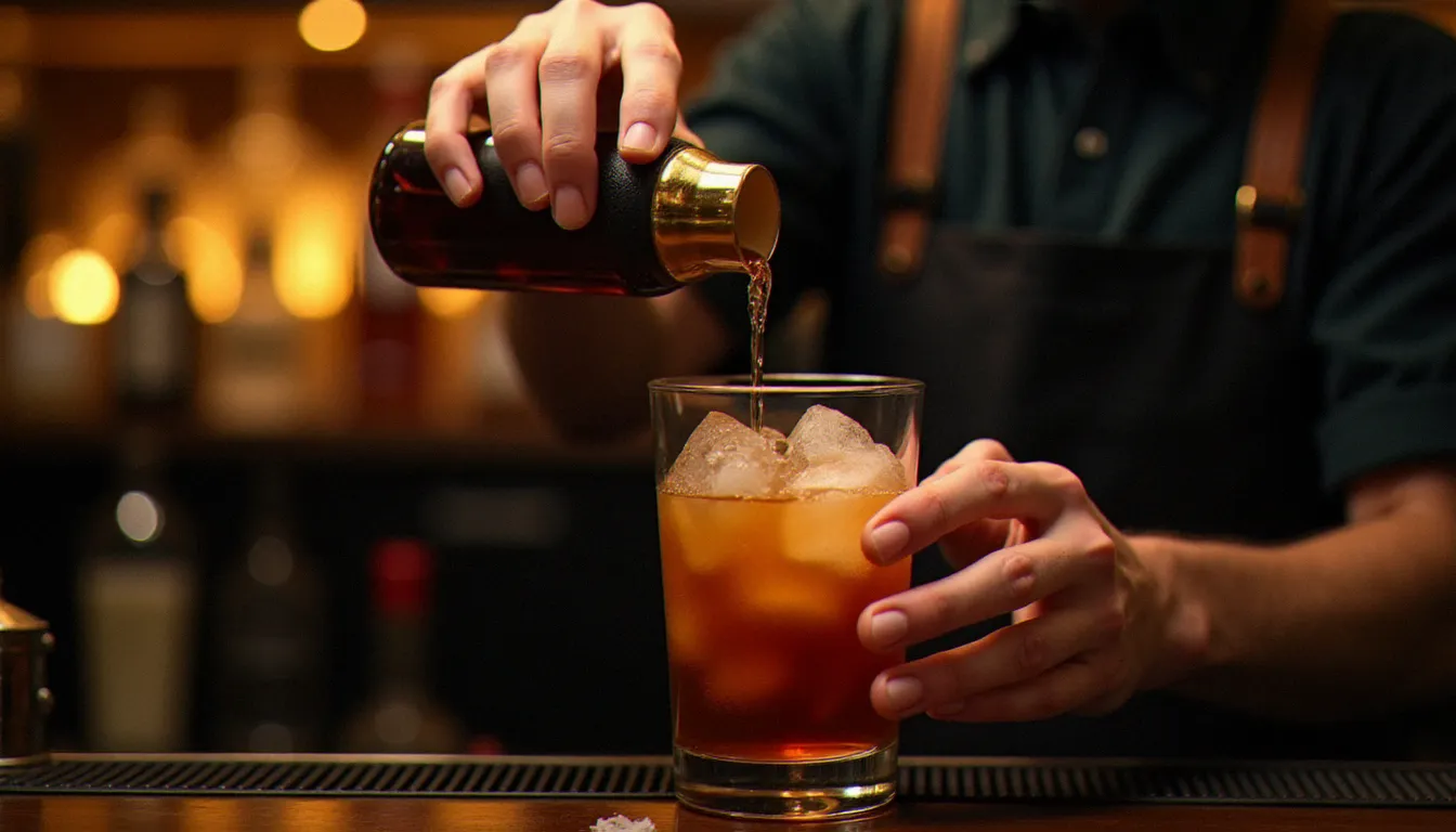 Mains d'un barman versant du khalua dans un shaker à cocktail rempli de glaçons, fond de bar aux lumières dorées en bokeh